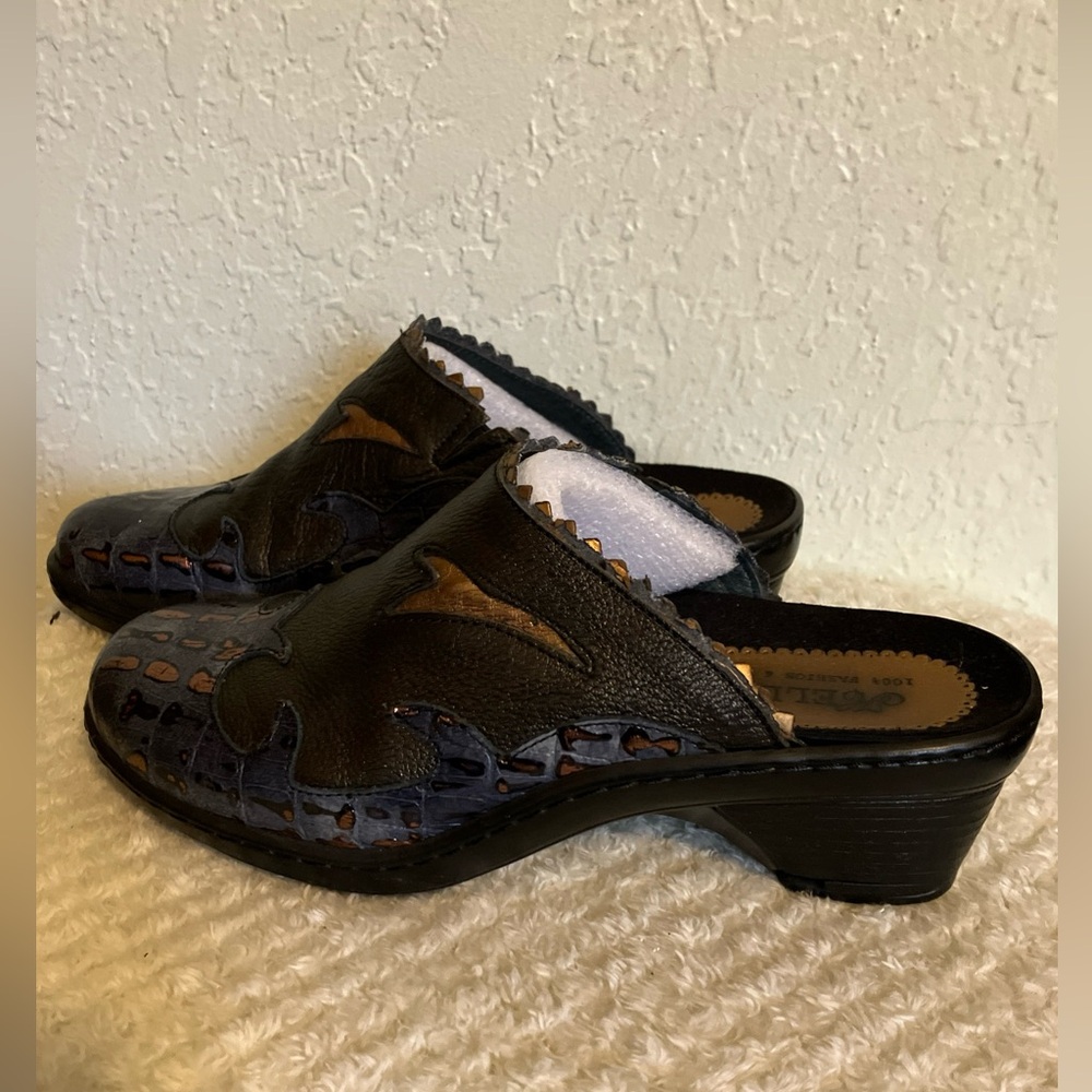 Helle Comfort Eden Women’s Blk/Copper Sz 8 /39 Leather Wellness Mules 1.5 Heel
